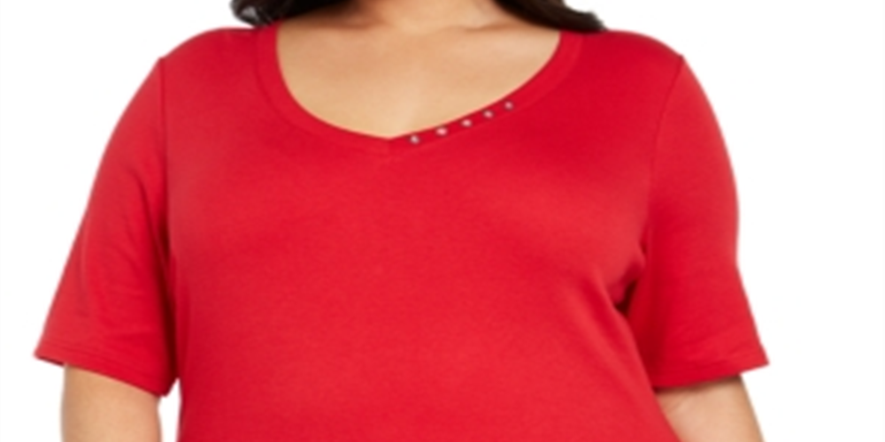 Karen Scott Top feminino plus size de algodão com decote em V, vermelho, tamanho 2XL