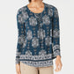 Blusa feminina estilo &amp; co azul-petróleo ikat manga comprida decote redondo verde tamanho pequeno pequeno