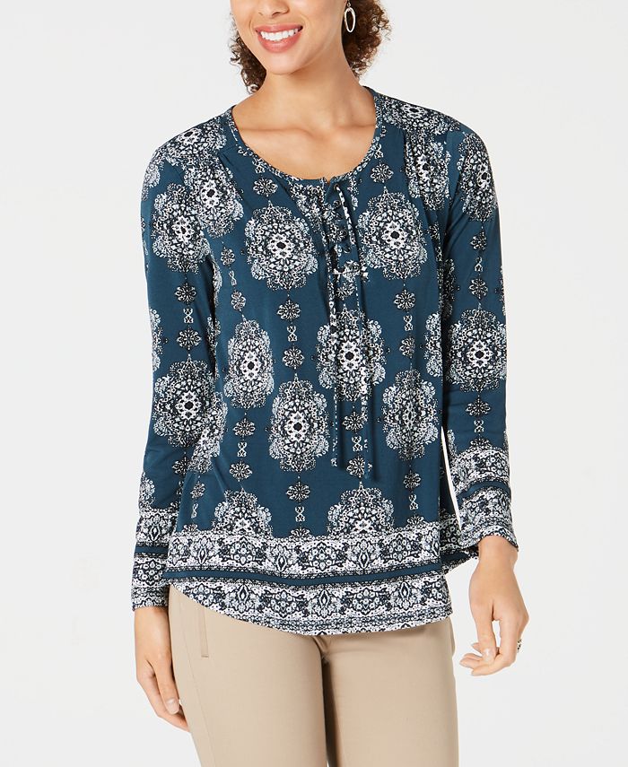 Blusa feminina estilo &amp; co azul-petróleo ikat manga comprida decote redondo verde tamanho pequeno pequeno