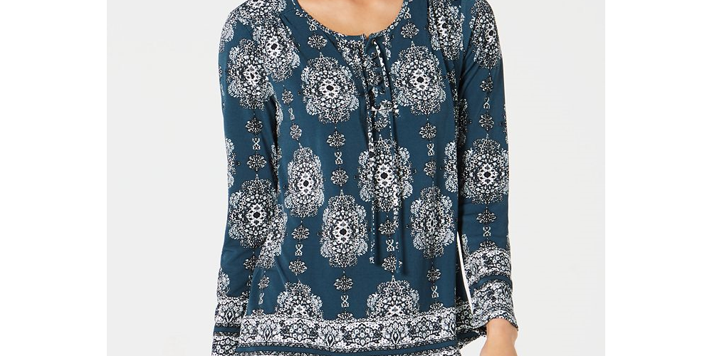 Blusa feminina estilo &amp; co azul-petróleo ikat manga comprida decote redondo verde tamanho pequeno pequeno