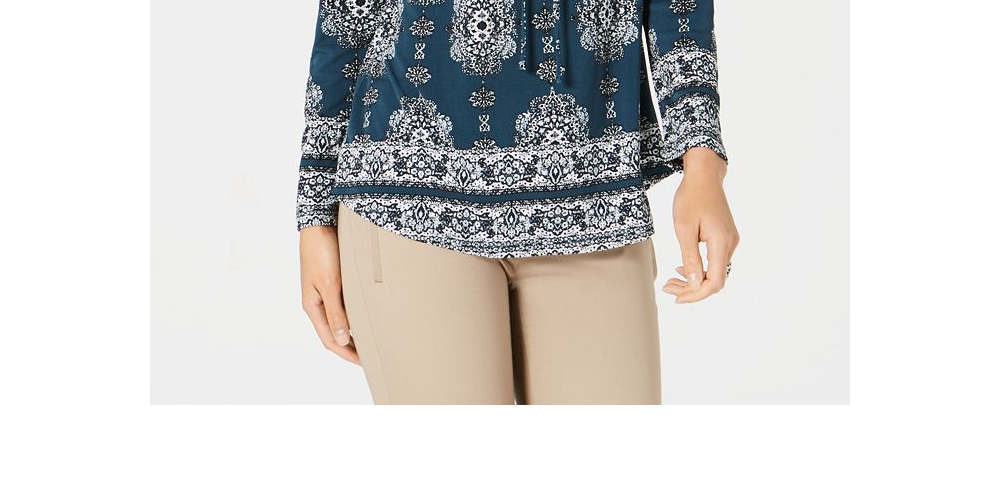 Blusa feminina estilo &amp; co azul-petróleo ikat manga comprida decote redondo verde tamanho pequeno pequeno