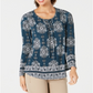 Blusa feminina estilo &amp; co azul-petróleo ikat manga comprida decote redondo verde tamanho pequeno pequeno
