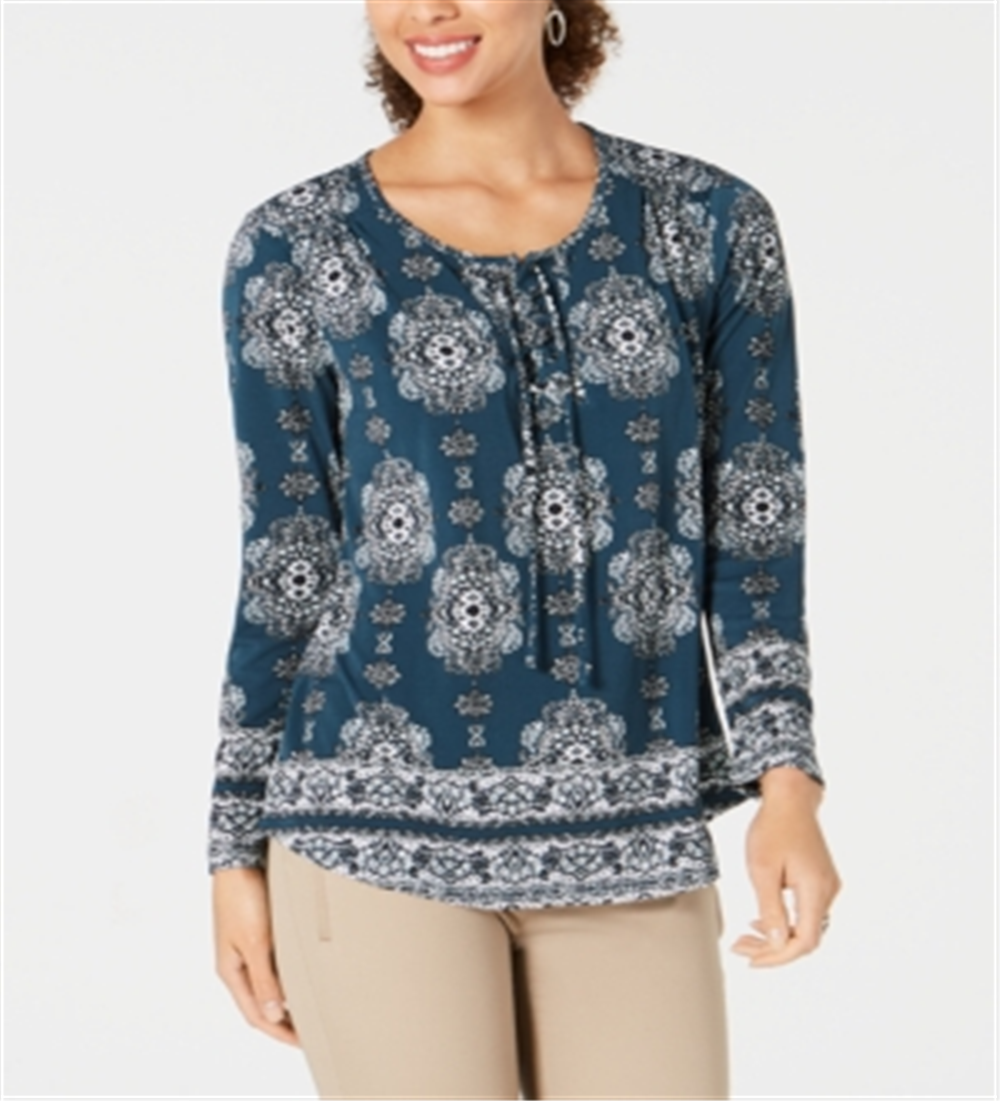 Blusa feminina estilo &amp; co azul-petróleo ikat manga comprida decote redondo verde tamanho pequeno pequeno