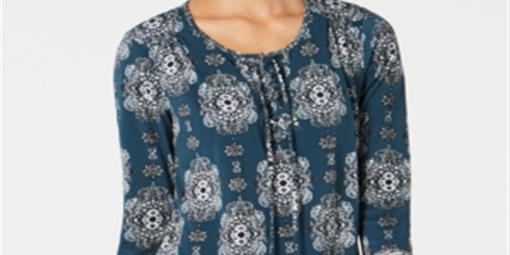 Blusa feminina estilo &amp; co azul-petróleo ikat manga comprida decote redondo verde tamanho pequeno pequeno