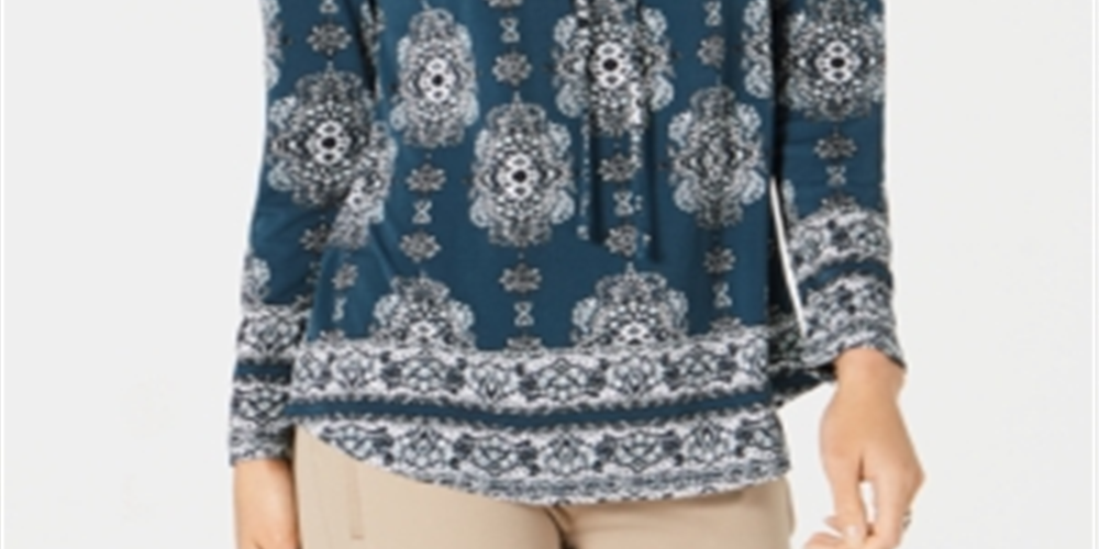 Blusa feminina estilo &amp; co azul-petróleo ikat manga comprida decote redondo verde tamanho pequeno pequeno