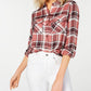 Polly Esther Feminino Laranja Utility Xadrez Manga Dobrada Gola Botões Blusa Vermelha Tamanho Grande