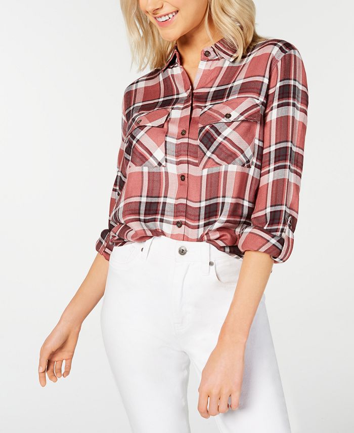 Polly Esther Feminino Laranja Utility Xadrez Manga Dobrada Gola Botões Blusa Vermelha Tamanho Grande