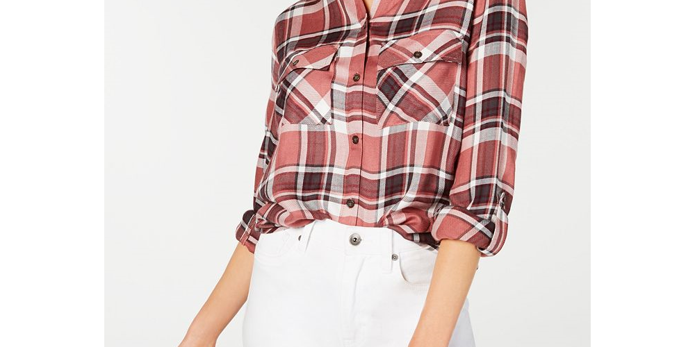 Polly Esther Feminino Laranja Utility Xadrez Manga Dobrada Gola Botões Blusa Vermelha Tamanho Grande