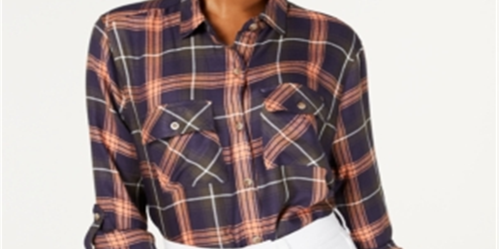 Polly Esther Feminino Laranja Utility Xadrez Manga Dobrada Gola Botões Blusa Vermelha Tamanho Grande