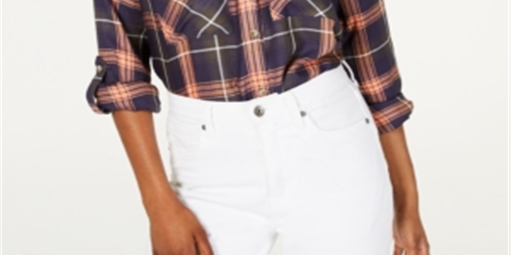 Polly Esther Feminino Laranja Utility Xadrez Manga Dobrada Gola Botões Blusa Vermelha Tamanho Grande