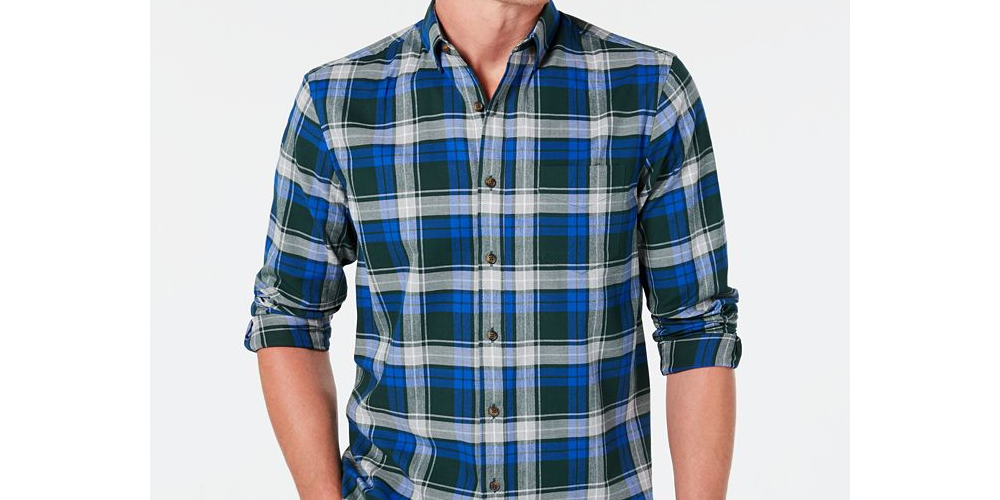 Camisa de flanela xadrez de algodão escovado e elástico masculina Club Room - marrom escuro, tamanho GG