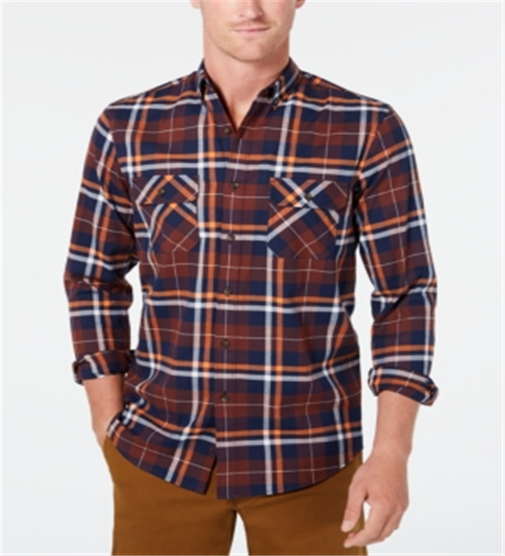 Camisa de flanela xadrez de algodão escovado e elástico masculina Club Room - marrom escuro, tamanho GG
