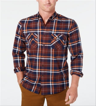 Camisa de flanela xadrez de algodão escovado e elástico masculina Club Room - marrom escuro, tamanho GG