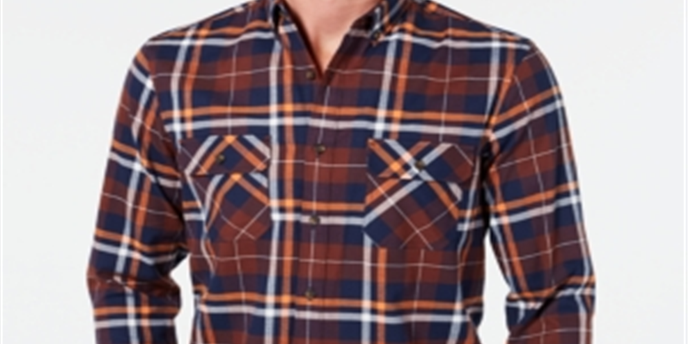 Camisa de flanela xadrez de algodão escovado e elástico masculina Club Room - marrom escuro, tamanho GG