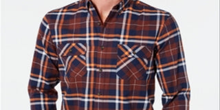 Camisa de flanela xadrez de algodão escovado e elástico masculina Club Room - marrom escuro, tamanho GG