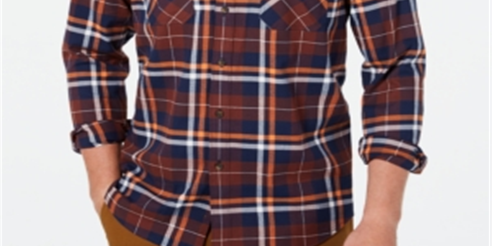 Camisa de flanela xadrez de algodão escovado e elástico masculina Club Room - marrom escuro, tamanho GG