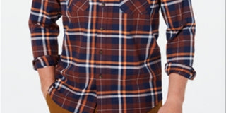 Camisa de flanela xadrez de algodão escovado e elástico masculina Club Room - marrom escuro, tamanho GG
