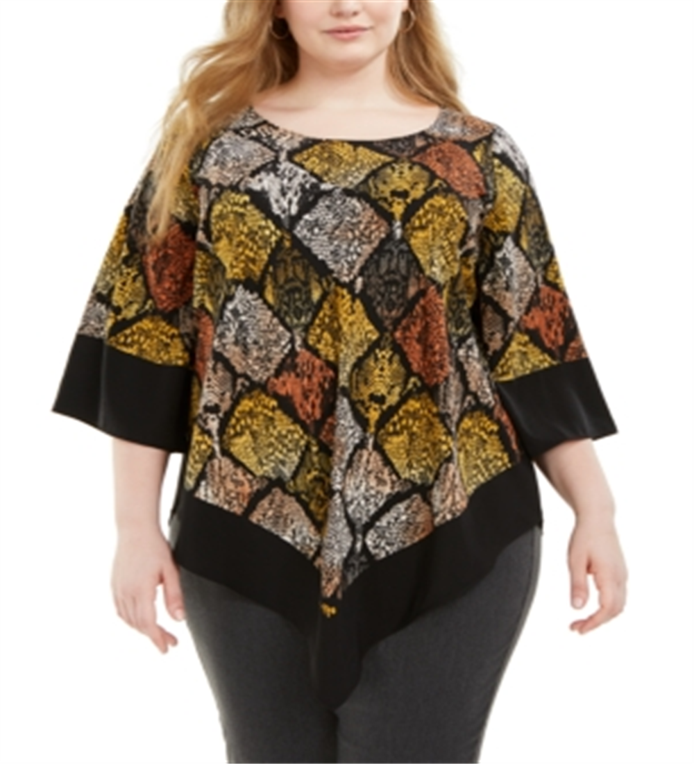 Blusa feminina Alfani com estampa e bainha em V, amarela, tamanho 2X