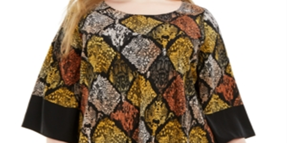 Blusa feminina Alfani com estampa e bainha em V, amarela, tamanho 2X