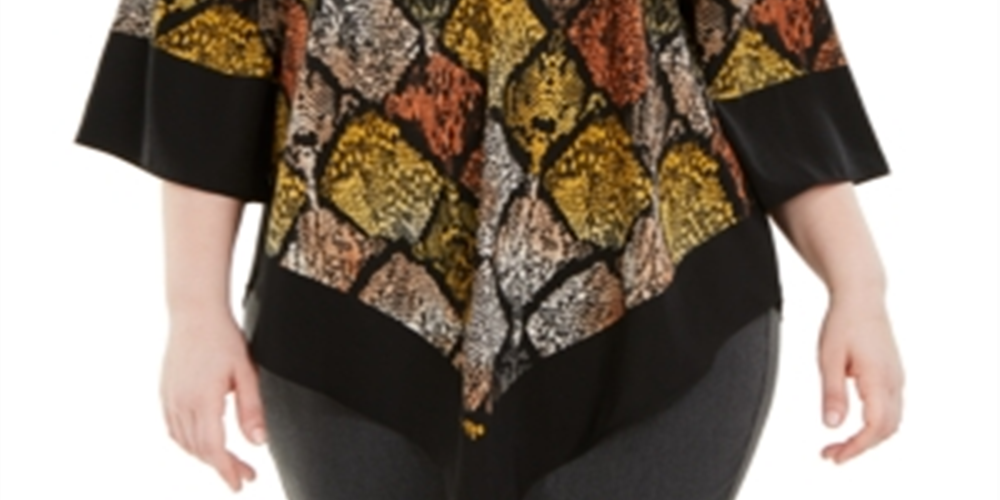 Blusa feminina Alfani com estampa e bainha em V, amarela, tamanho 2X
