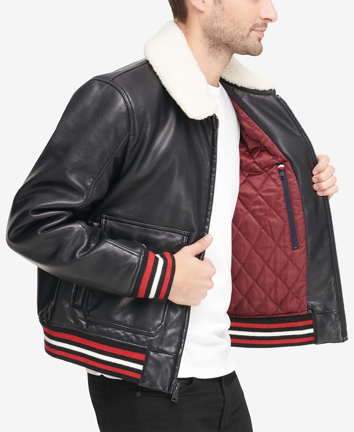 Jaqueta bomber masculina moderna americana de couro sintético, preta, tamanho médio