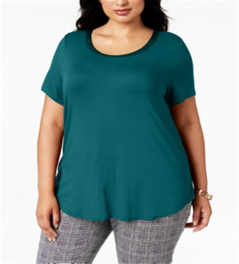 Camiseta feminina Alfani Plus com acabamento em cetim, comprimento alto e baixo, azul, tamanho 4X