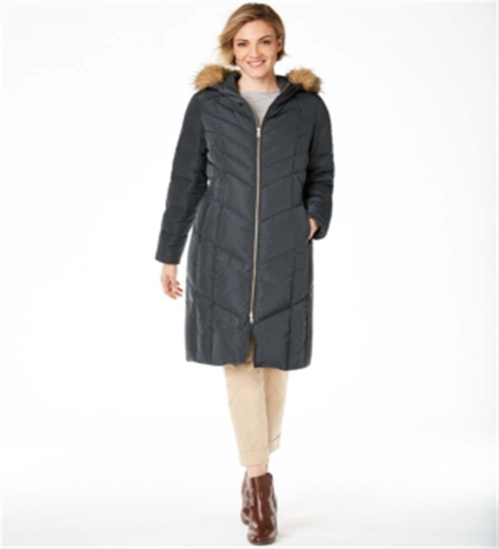 Cole Haan Anoraques e Parkas Femininos Graphite Down Fuzzy Hood Verde Tamanho 2XL