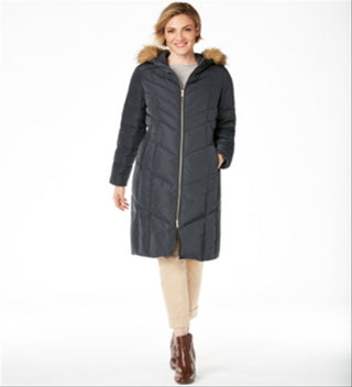 Cole Haan Anoraques e Parkas Femininos Graphite Down Fuzzy Hood Verde Tamanho 2XL