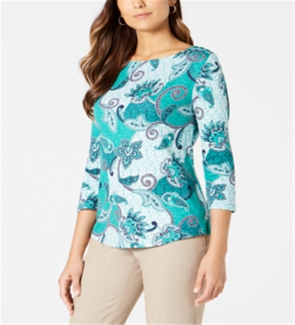 Camiseta feminina Charter Club de algodão estampada com manga 3/4, verde, tamanho grande