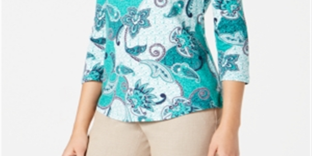 Camiseta feminina Charter Club de algodão estampada com manga 3/4, verde, tamanho grande