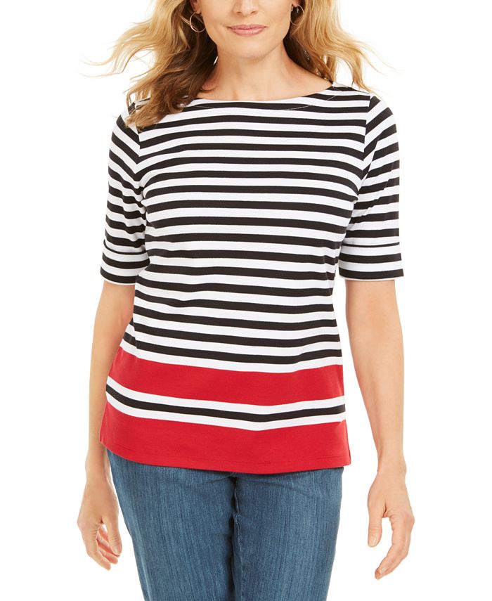 Karen Scott Blusa feminina listrada Dahla com decote canoa, vermelha, tamanho pequeno GG