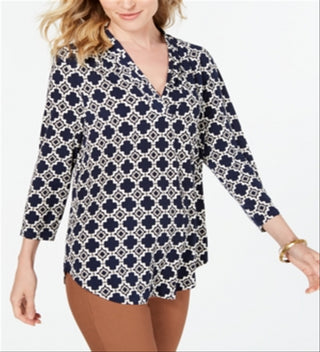 Charter Club Women's Printed Pleat Shoulder Top Blue Size S