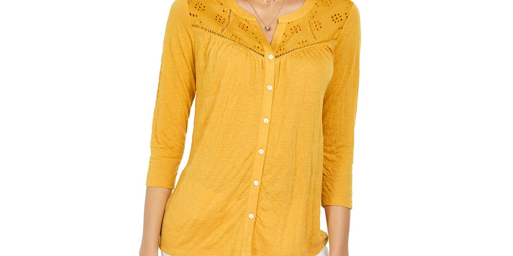 Blusa com botões frontais e ilhós Style &amp; Co, marrom, tamanho 2XL