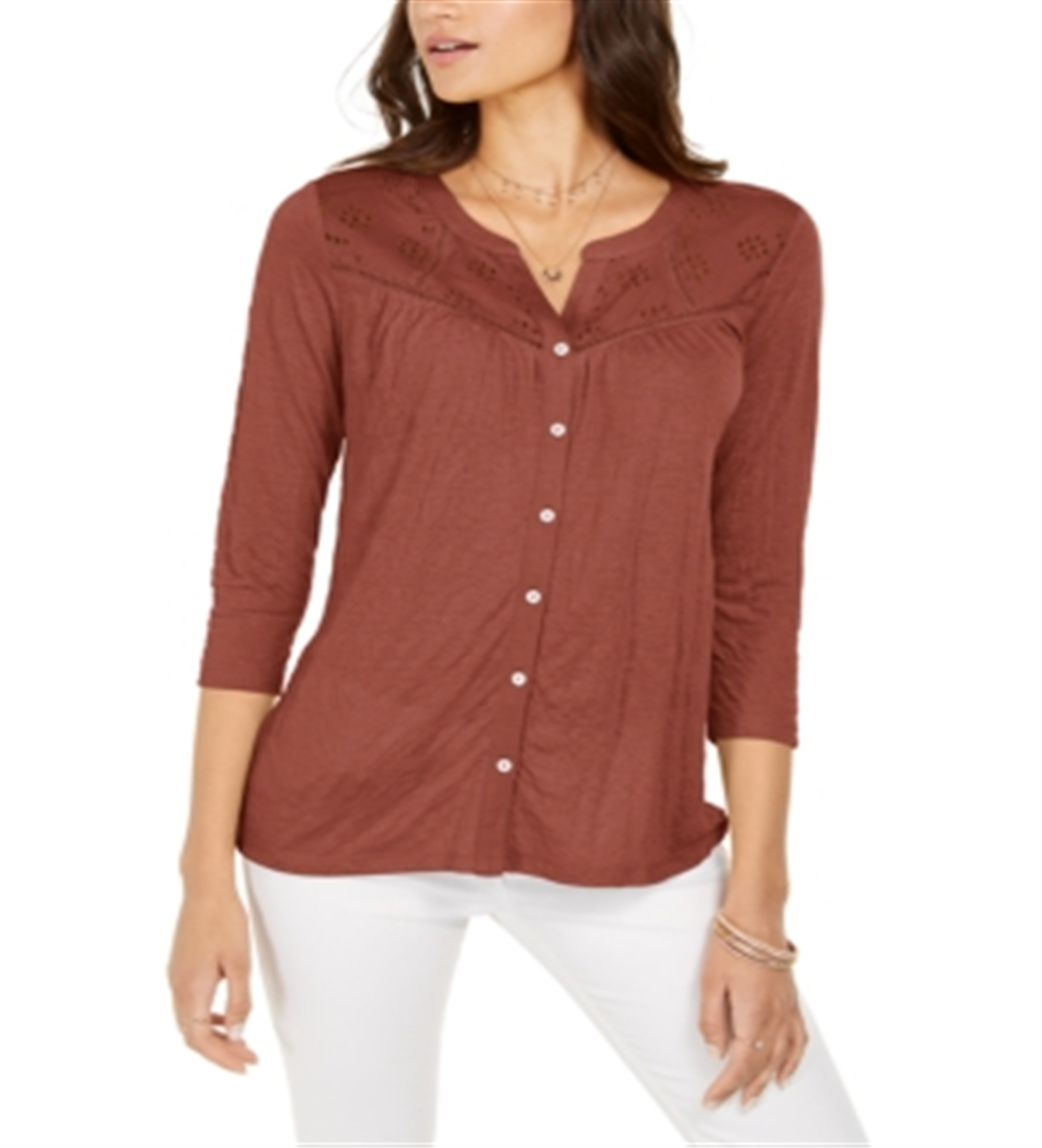 Blusa com botões frontais e ilhós Style &amp; Co, marrom, tamanho 2XL