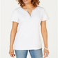 Karen Scott Blusa feminina listrada com decote dividido, branca, tamanho grande
