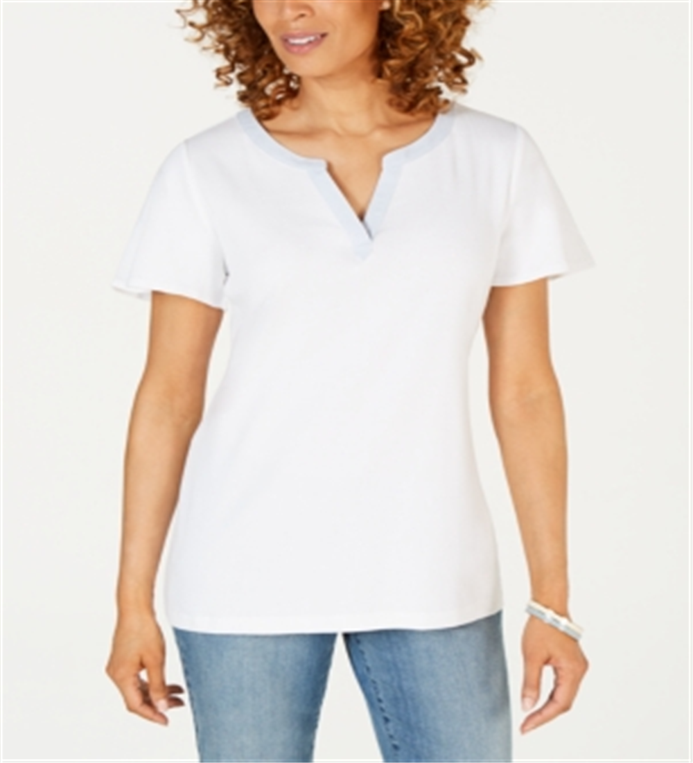 Karen Scott Blusa feminina listrada com decote dividido, branca, tamanho grande