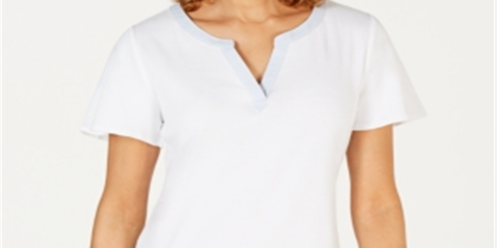 Karen Scott Blusa feminina listrada com decote dividido, branca, tamanho grande