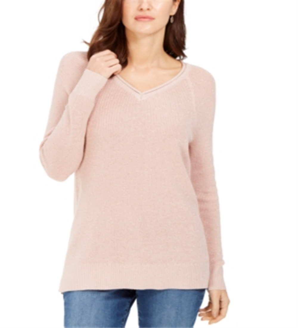 Suéter feminino de lurex com decote em V, rosa, tamanho extrapequeno, Charter Club