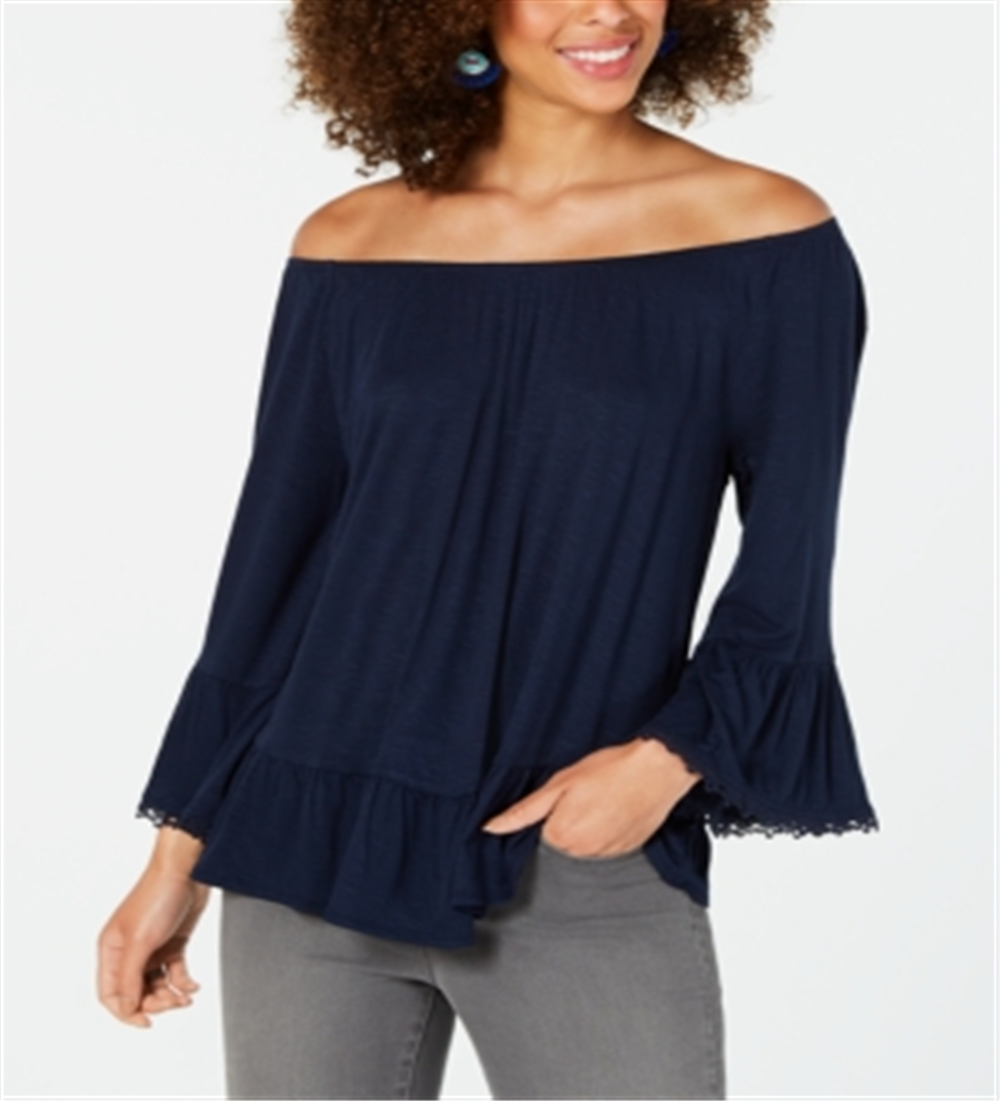 Blusa feminina estilo &amp; co com ombro de fora e manga sino, azul, tamanho pequeno