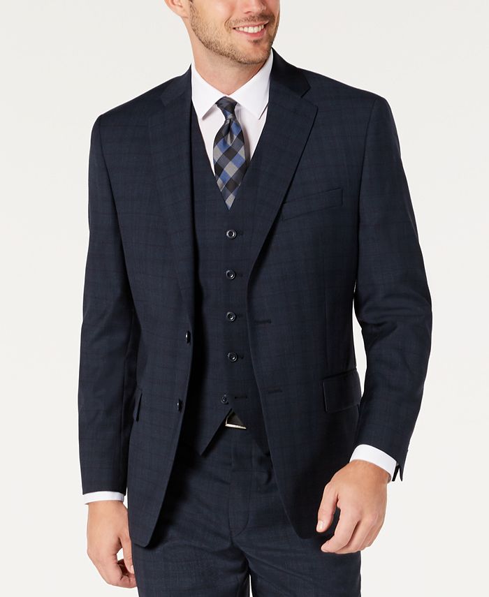 Michael Kors Men's Classic Fit Airsoft Stretch Teal Plaid Suit Separate Jacket Blue Size 44