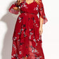 Vestido longo feminino City Chic com estampa floral e camadas, vermelho, tamanho M
