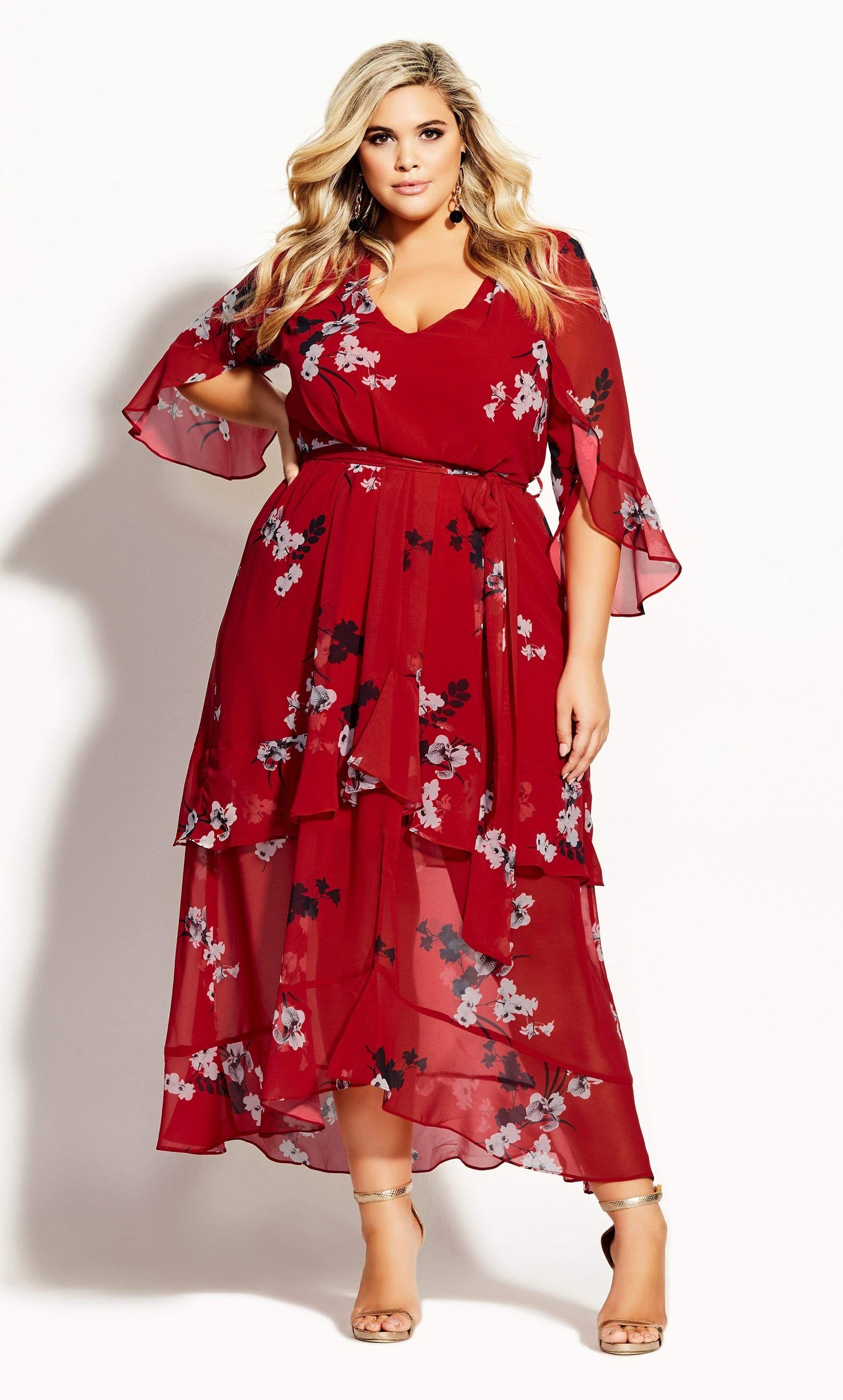 Vestido longo feminino City Chic com estampa floral e camadas, vermelho, tamanho M