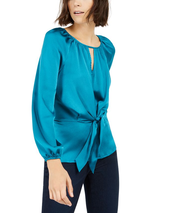 Blusa feminina INC International Concepts de cetim granulado com amarração frontal, preta, tamanho 2XL