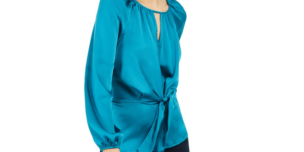 Blusa feminina INC International Concepts de cetim granulado com amarração frontal, preta, tamanho 2XL