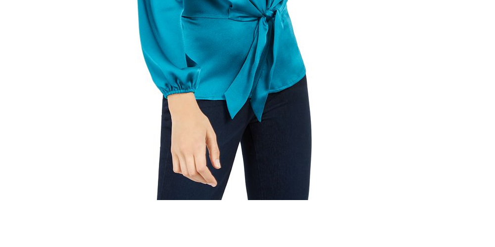 Blusa feminina INC International Concepts de cetim granulado com amarração frontal, preta, tamanho 2XL