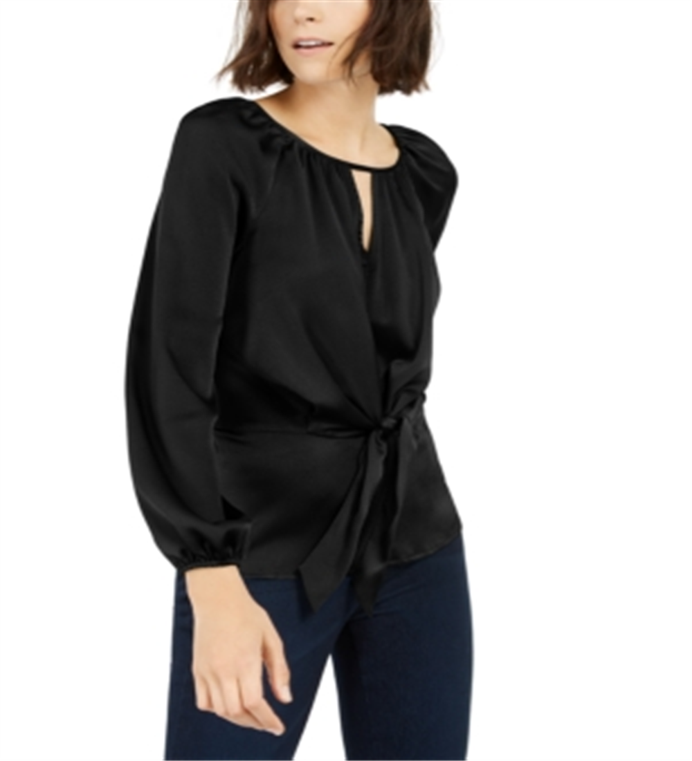 Blusa feminina INC International Concepts de cetim granulado com amarração frontal, preta, tamanho 2XL
