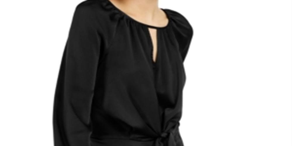 Blusa feminina INC International Concepts de cetim granulado com amarração frontal, preta, tamanho 2XL
