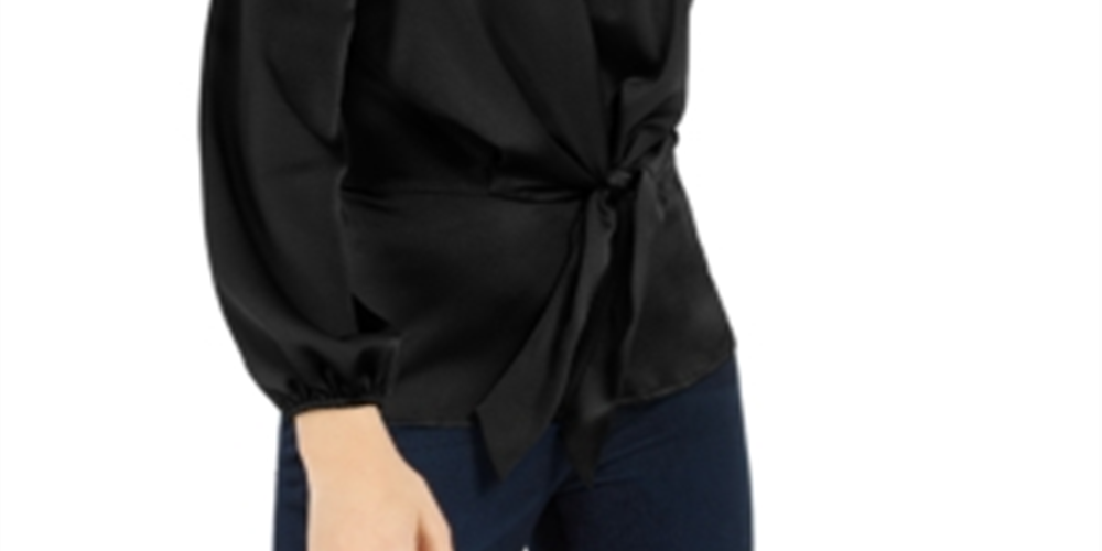 Blusa feminina INC International Concepts de cetim granulado com amarração frontal, preta, tamanho 2XL