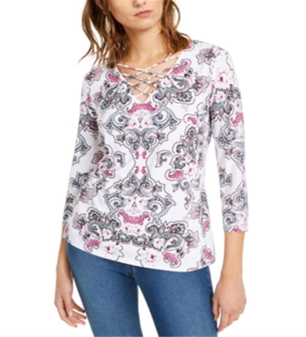 INC International Concepts Top feminino com estampa de tiras e detalhes, branco, tamanho G