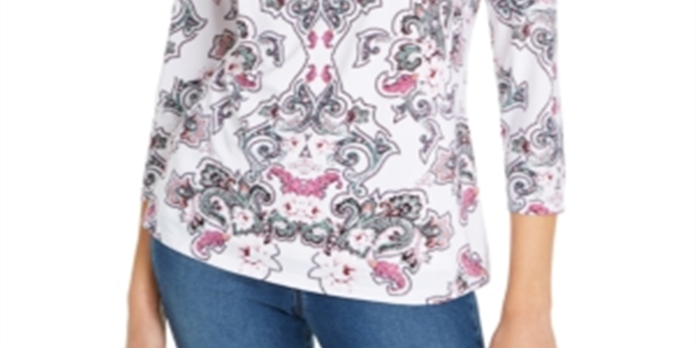 INC International Concepts Top feminino com estampa de tiras e detalhes, branco, tamanho G